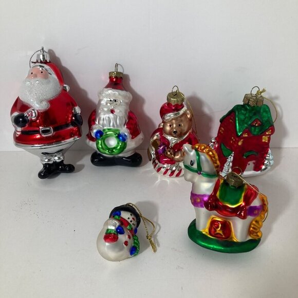 Vintage Other - 6 Vintage Blown Glass‎ Christmas Ornaments Santa Snowman House Bear Horse 2 - 4"
